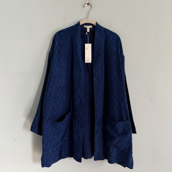NWT Eileen Fisher Block Printed Organic Cotton Denim Blue Kimono Jacket - Picture 4 of 8